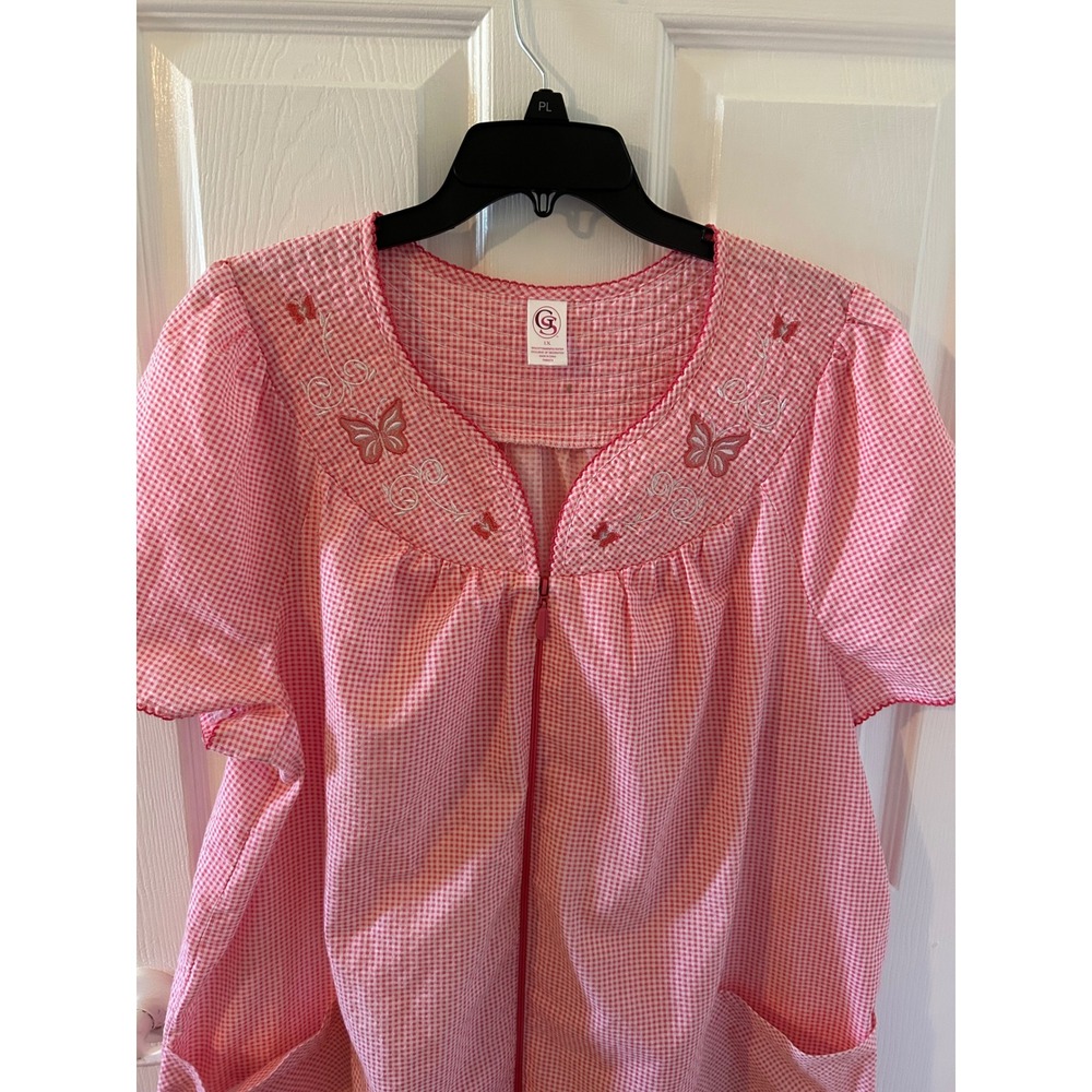 GS Red Gingham Butterfly Embroidered Zip Front House Dress Duster Robe 1X Granny
